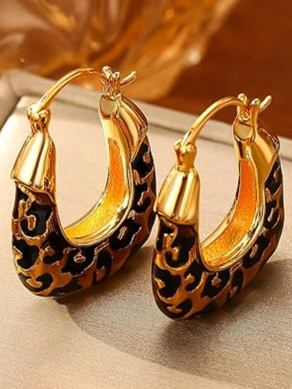 New Leopard Print Earrings Gold Tone and Black Hoop Earrings Geometric Drop